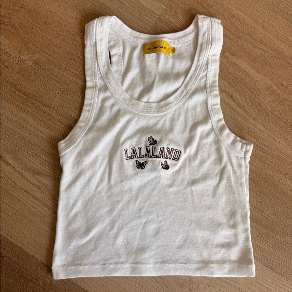 LaLa Land Kind Cafe LA White Butterfly Logo Crop Tank L Racerback